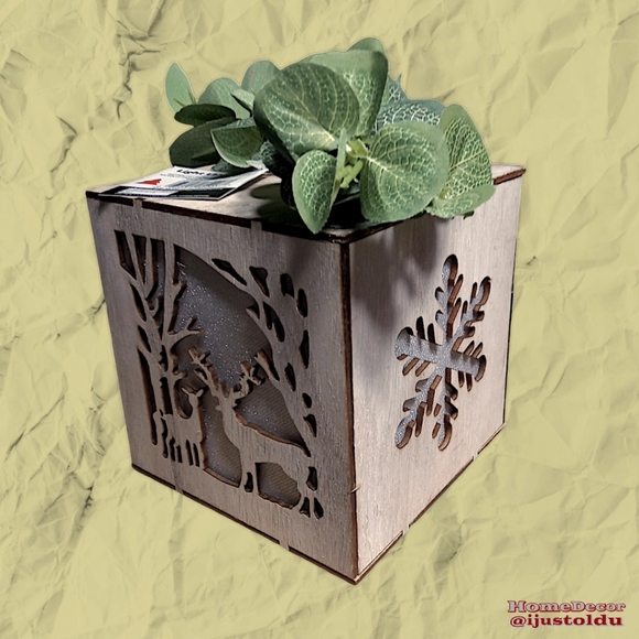 LED Wooden Candle Box with Snowflake & Forest Design | 5″×5″×5″ | Cherry Wood - Picture 7 of 16